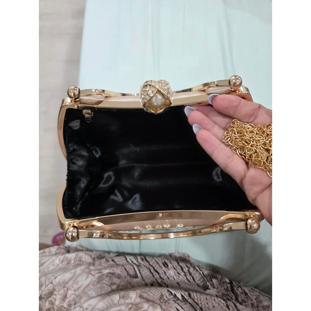 Champagne Satin Floral Embroidered Evening Clutch Pearl Gold Top Handle Bag